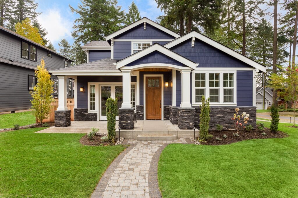 exterior home with new blue paint job