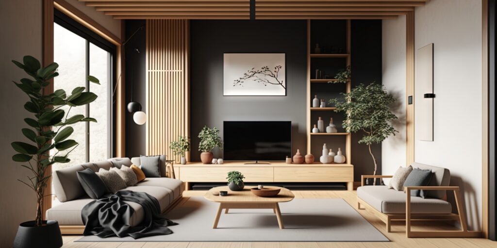 image of minimalist, Asian-inspired living room with natural light